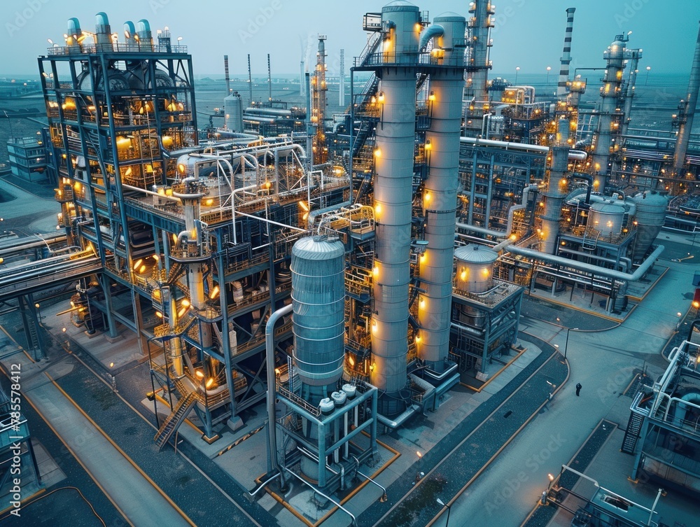 Poster a large factory with numerous pipes and tanks in operation