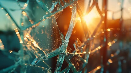 shattered office window with sharp jagged glass shards and dramatic lighting closeup view