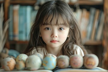 Fototapeta premium A young girl with hauntingly beautiful eyes surrounded by hand-painted Easter eggs