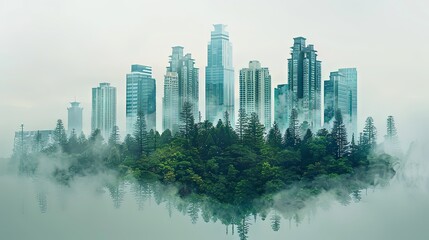 Green city landscape with double exposure overlay of forest vegetation.