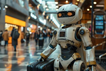 Fototapeta premium A well-worn humanoid robot with interactive display moves with a black suitcase in a busy airport terminal