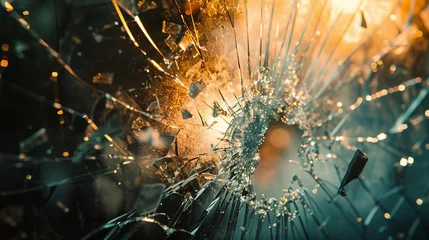 Fotobehang shattered office window with sharp jagged glass shards and dramatic lighting closeup view © Bijac