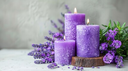 Obraz na płótnie Canvas Close shot of lavender color candle with lavender flowers in backdrop with a big space for text or product advertisement, Generative AI.