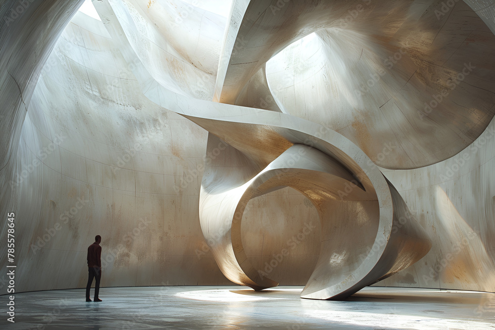 Aufkleber one person stood in a large empty room with a statue behind it. the room was filled with light. give
