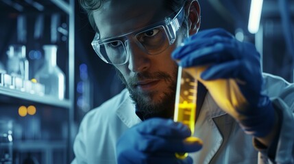 Man scientist holding test tube on laboratory background