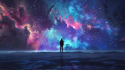 silhouette of person standing alone in vast outer space surreal concept illustration digital art