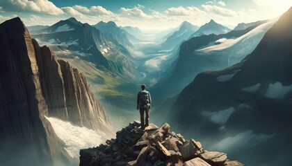 A hiker reaching the summit, set against vast landscape of Glacier mountains - obrazy, fototapety, plakaty