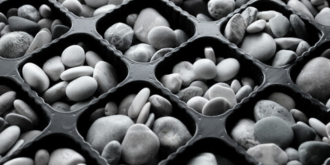 Identical Square Compartments With Sea Pebbles Monochrome Photo For Backgrounds
