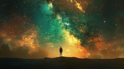 silhouette of person standing alone in vast outer space surreal concept illustration digital art - obrazy, fototapety, plakaty