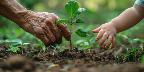 Close shot of grandpas hand and child hand planting tree with a big space for text or product advertisement representing to inspire new generation, Generative AI. - Powered by Adobe