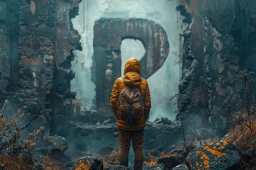 An alluring image of a person in a yellow jacket, back turned, facing a large stone arch amidst foggy ruins, invoking a sense of adventure and discovery