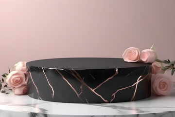Black marble circular platform with roses, pink background for product presentation.