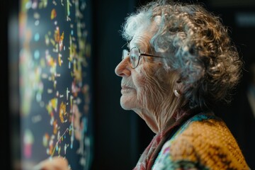 App demo near shoulder of a elderly woman in front of a interactive digital board with a completely black screen