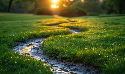 Sunset in the park with green grass and water puddles