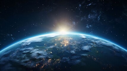 Earth from space showing the atmosphere and city lights. 3D rendering