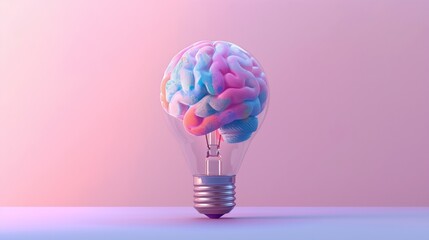 Brain inside of transparent light bulb placed on against blue and pink pastel background, Brainstorming or knowledge. Creative idea of lamp, copy space, generative ai