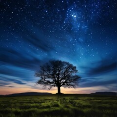 Fototapeta na wymiar Lonely tree in the field at night with starry sky