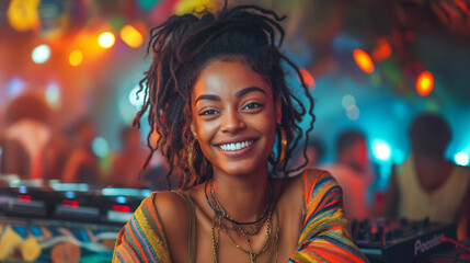 Young smiling mulatto woman. African American woman having fun in a nightclub.