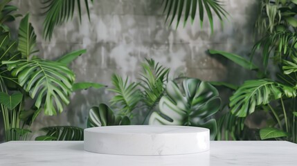 Empty circle marble podium with monstera tropical leaves. Cosmetic product mockup.