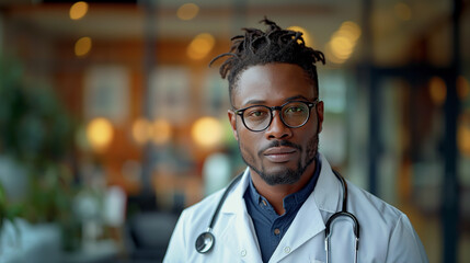 African-American male doctor stands in the waiting room for patients in a medical clinic. - obrazy, fototapety, plakaty