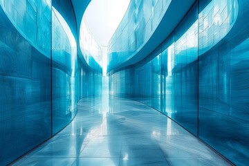 A visually striking image, portraying a futuristic corridor with sleek blue glass walls and a reflective floor