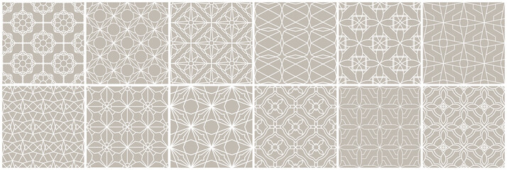 Collection of vector beige seamless geometric ornament tile patterns - oriental beautiful creative contemporary backgrounds. Mosaic repeatable prints