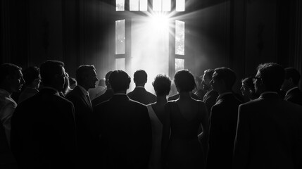 Silhouettes of men and women. Black and white illustration. Group of business people leave an office building in the evening. 