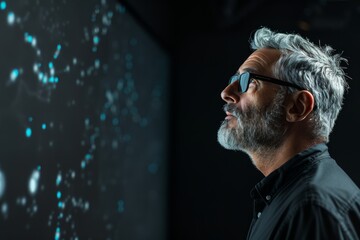 Display mockup from a shoulder angle of a middle-aged man in front of a interactive digital board with a completely black screen