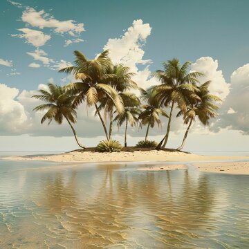 Tropical island with palm trees on the sand. Retro style