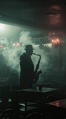 In a dimly lit, smoky jazz club, a lone saxophonist plays a haunting melody under a soft spotlight, capturing the brooding atmosphere of the noir film Realistic image with Rembrandt lighting