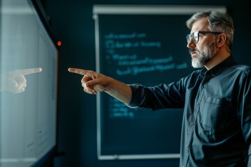 Display mockup from a shoulder angle of a middle-aged man in front of a interactive digital board with a completely black screen