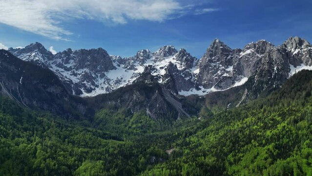 Aerial view of and breathtaking peaks of Triglav mountain. Julian Alps, Triglav National Park, Slovenia, 4k