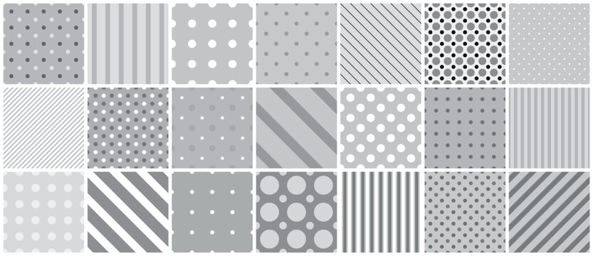 Collection of vector gray seamless patterns. Simple geometric textures - repeatable dotted and striped backgrounds. Monochrome minimalistic textile prints