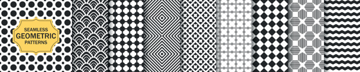 Collection of black and white seamless geometric patterns. Monochrome stylish decorative textures. Repeatable ornamental elegant backgrounds