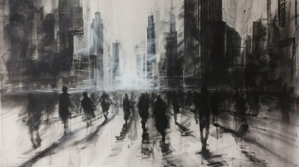 Charcoal sketch of a bustling metropolis with jagged lines and dramatic angles. Raw energy and dynamism capturing the relentless pace of urban life.