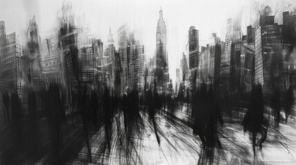 Charcoal sketch of bustling cityscape, jagged lines, towering skyscrapers, urban evolution. - obrazy, fototapety, plakaty
