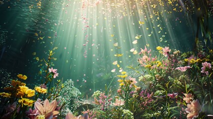 Flower garden in the morning with sunbeams and lens flare