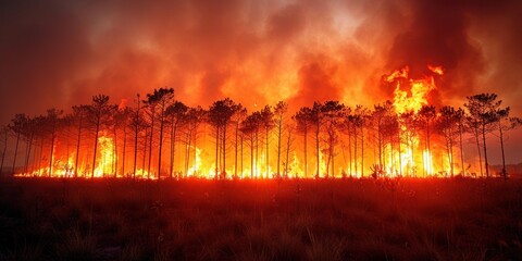 A raging fire burns through a forest, consuming trees and spreading rapidly - obrazy, fototapety, plakaty