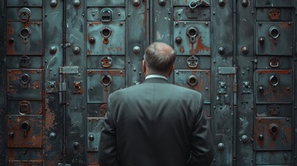 Businessman facing challenges, staring at locked doors, symbolizing obstacles in corporate world. - obrazy, fototapety, plakaty