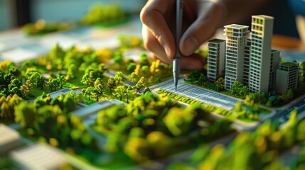 Eco-Friendly Cityscape. Urban planner designs blueprint for sustainable skyscrapers with green rooftops and solar panels.