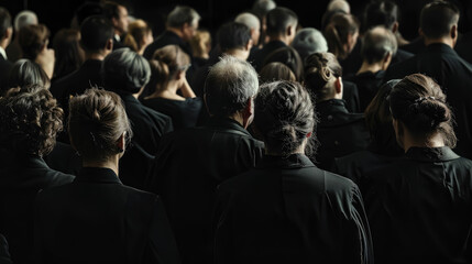 group of mourning people in black clothes at a funeral, grief, sadness, women, men, death, cemetery, religion, rite, portrait, sad face, emotion, sadness, pain, mass - obrazy, fototapety, plakaty