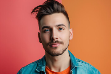 Obraz premium Portrait of Young Man with Stylish Hair, Colorful Background, Confident Expression