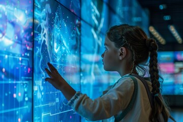 App preview over shoulder of a young girl in front of a interactive digital board with a completely blue screen