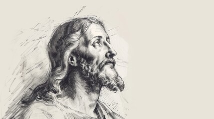 Obraz na płótnie Canvas Pencil sketch of Jesus Christ on white background with copy space