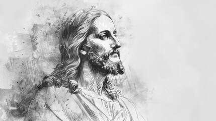 Pencil sketch of Jesus Christ on white background with copy space
