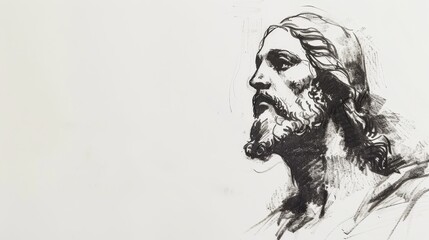 Fototapeta premium Pencil sketch of Jesus Christ on white background with copy space