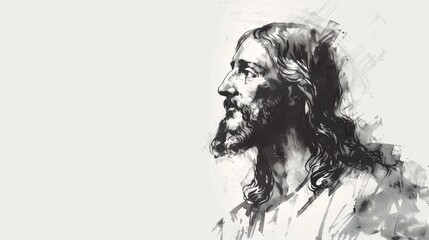 Pencil sketch of Jesus Christ on white background with copy space