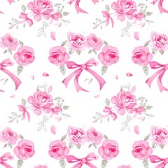 pink roses and pink ribbon pattern, white background