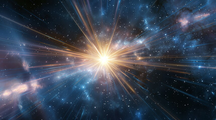 Astronomical capture, vibrant starburst in deep space, rays of light spreading outward, cosmic and mysterious atmosphere. 