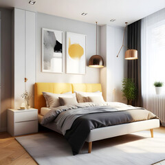 Free Photo Realistic modern double bedroom with furniture and a frame generative Ai 